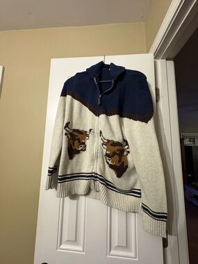 Old Navy Navy & Cream Zip-Up Sweater with Bull Motif